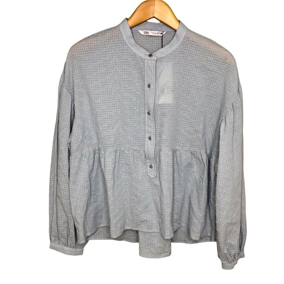 Zara Swiss Dot Blouse Long Sleeve Light Blue Size Large 8574 025 406 - Picture 2 of 10